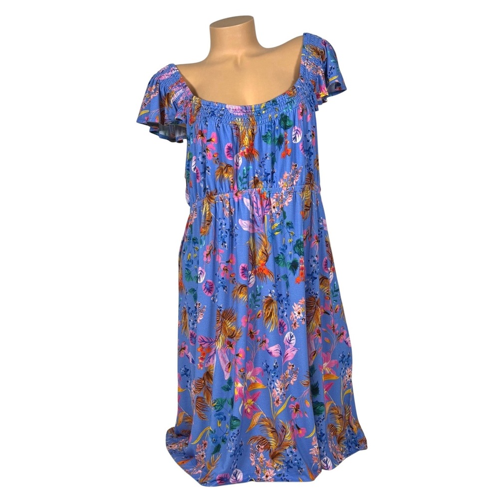 Soma Womens XXL Blue Tropical Floral Smocked Neck Flutter Sleeve Mini Dress